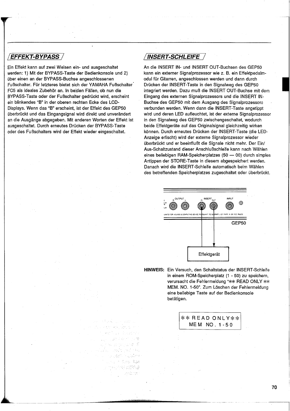 Effekt-bypass, Insert-schleife | Yamaha GEP50 User Manual | Page 68 / 100
