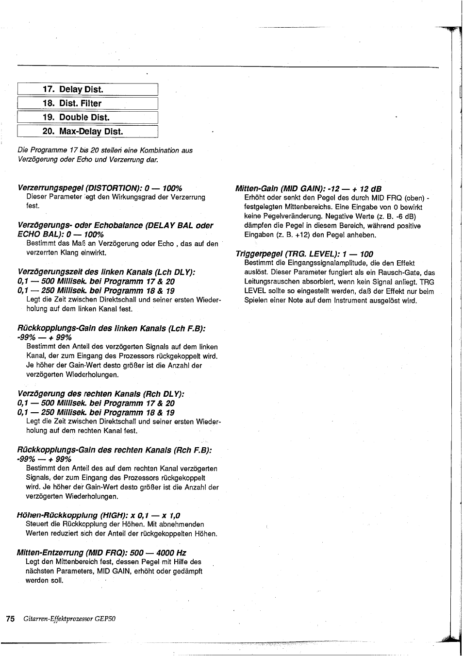 Delay dist, Dist. filter, Double dist | Max-delay dist, Delay dist 18. dist. filter 19. double dist | Yamaha GEP50 User Manual | Page 73 / 100