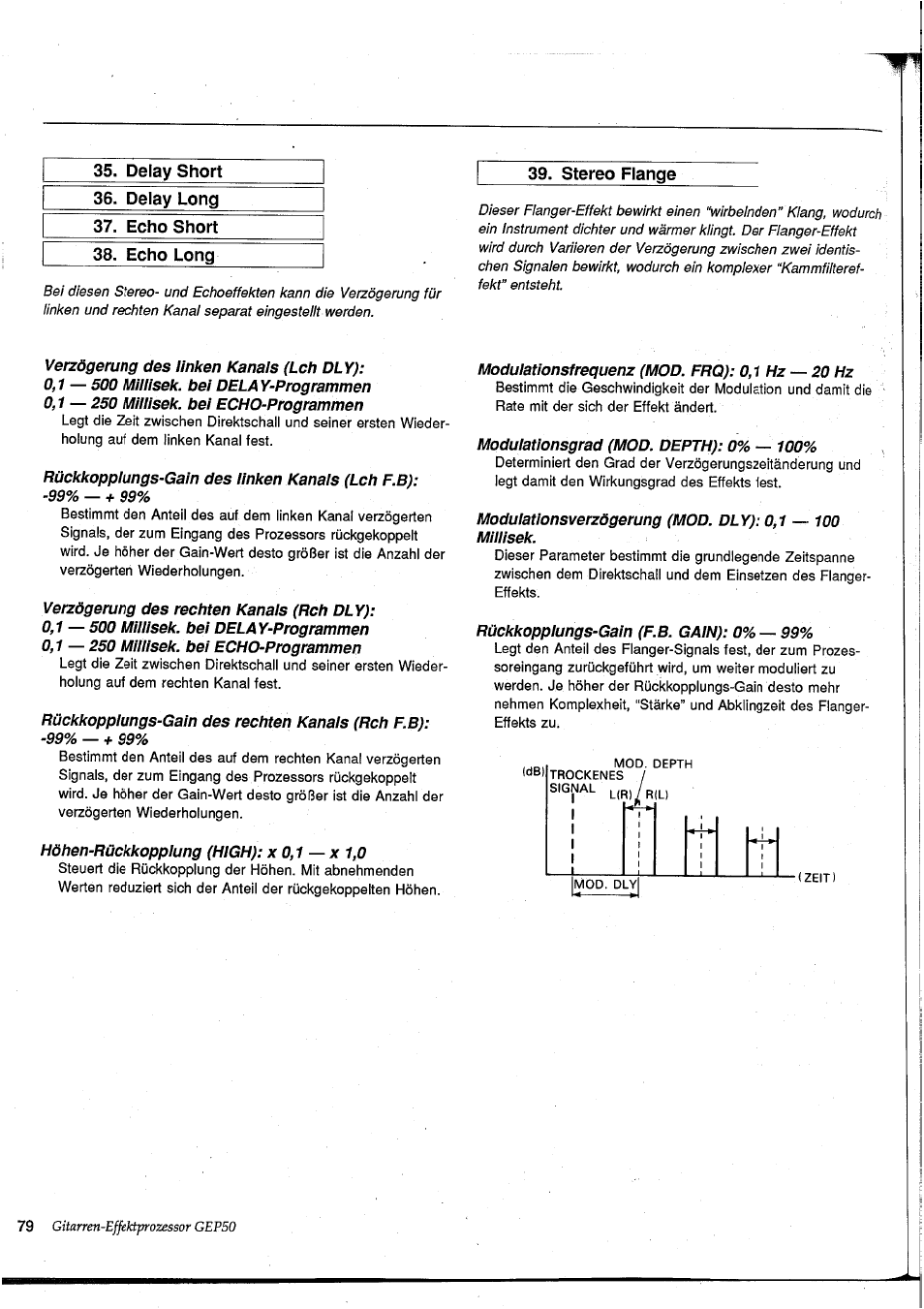 Delay short, Delay long, Echo short | Echo long, Stereo flange, Delay short 36. delay long 37. echo short | Yamaha GEP50 User Manual | Page 77 / 100