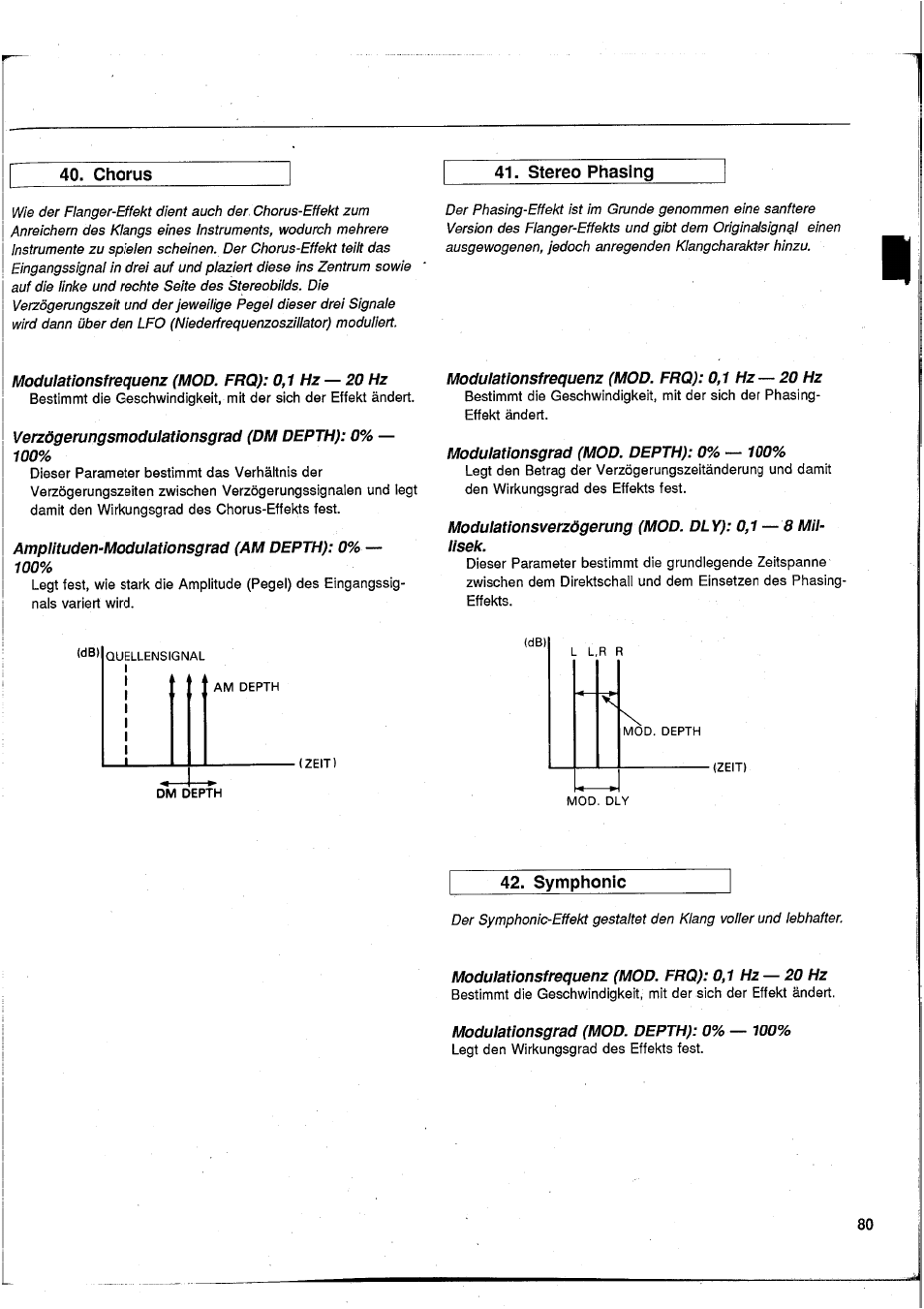 Chorus, Modulationsfrequenz (mod. frq): 0,1 hz — 20 hz, Verzögerungsmodulationsgrad (dm depth): 0 | Amplituden-modulationsgrad (am depth): 0, Stereo phasing, Modulationsgrad (mod. depth): 0% — 100, Symphonie | Yamaha GEP50 User Manual | Page 78 / 100