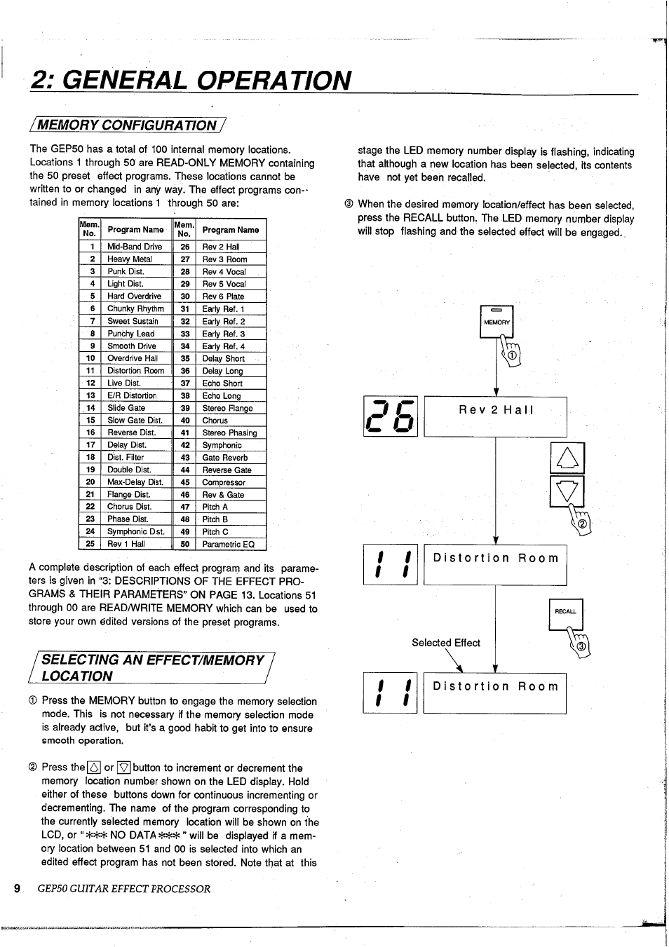 General operation, Memory configura tion, Selecting an effect/memory | Memory configuration, Aocmiqn | Yamaha GEP50 User Manual | Page 8 / 100