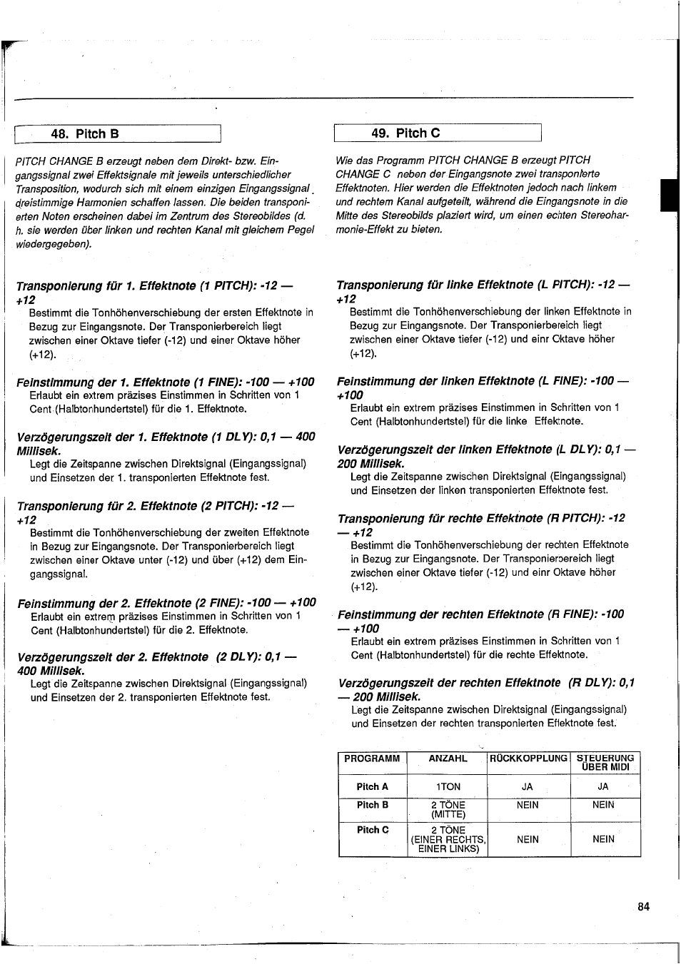 Pitch b, Transponierung für 1. effektnote (1 pitch): -12, Transponierung für 2. effektnote (2 pitch): -12 | Verzögerungszelt der 2. effektnote (2 dly): 0,1, 400 mlllisek, Transponierung für linke effektnote (l pitch): -12, Feinstimmung der linken effektnote (l fine): -100, Feinstimmung der rechten effektnote (r fine): -100, Pitch b 49. pitch c | Yamaha GEP50 User Manual | Page 82 / 100