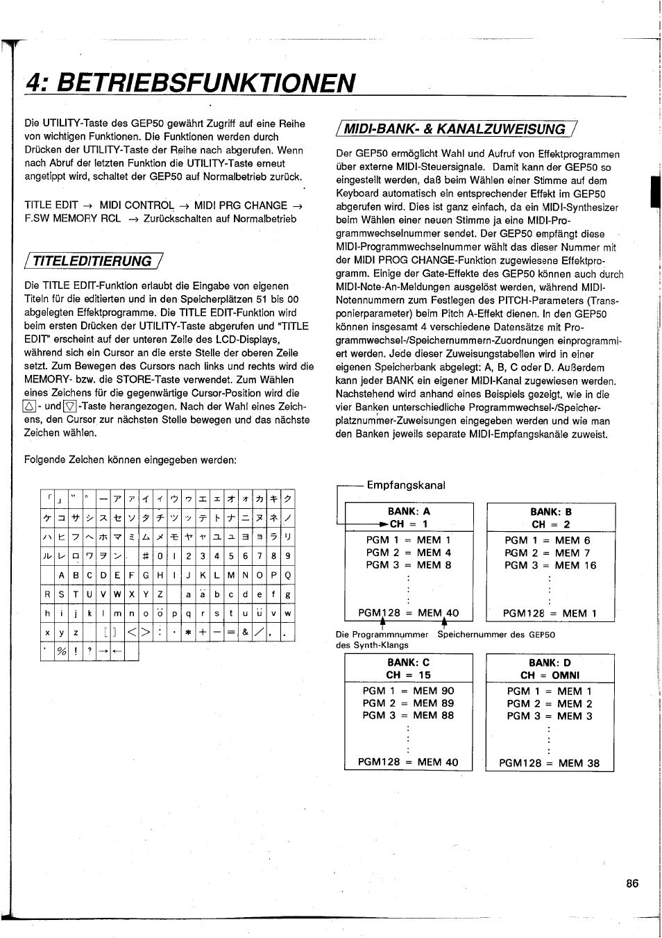 Betriebsfunktionen, Titeleditierung, Midi-bank- & kanalzuweisung | Yamaha GEP50 User Manual | Page 84 / 100