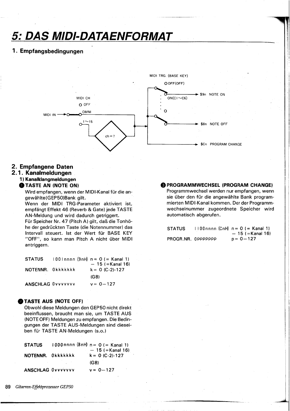 Das midl-dataenformat, Das midi-datenformat, Empfangsbedingungen | Empfangene daten 2.1. kanalmeidungen | Yamaha GEP50 User Manual | Page 87 / 100