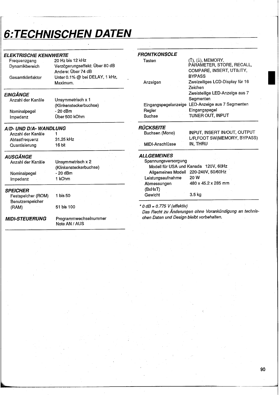 Technischen daten, 6; technische daten | Yamaha GEP50 User Manual | Page 88 / 100