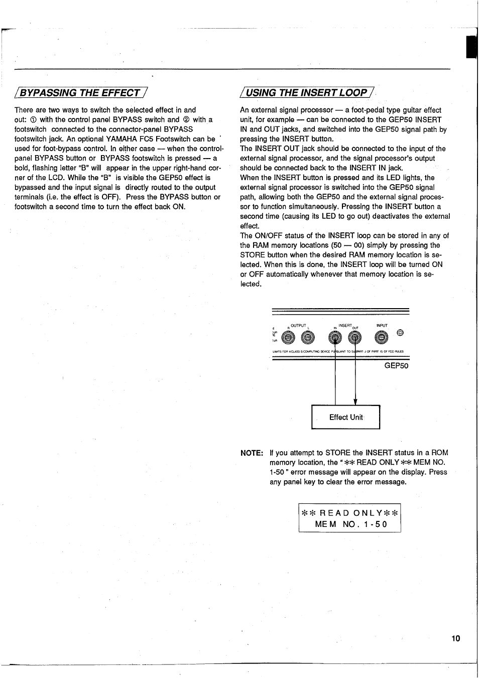 Bypassing the effect, Using the insert loop, Bypassing the effect using the insert loop | Yamaha GEP50 User Manual | Page 9 / 100