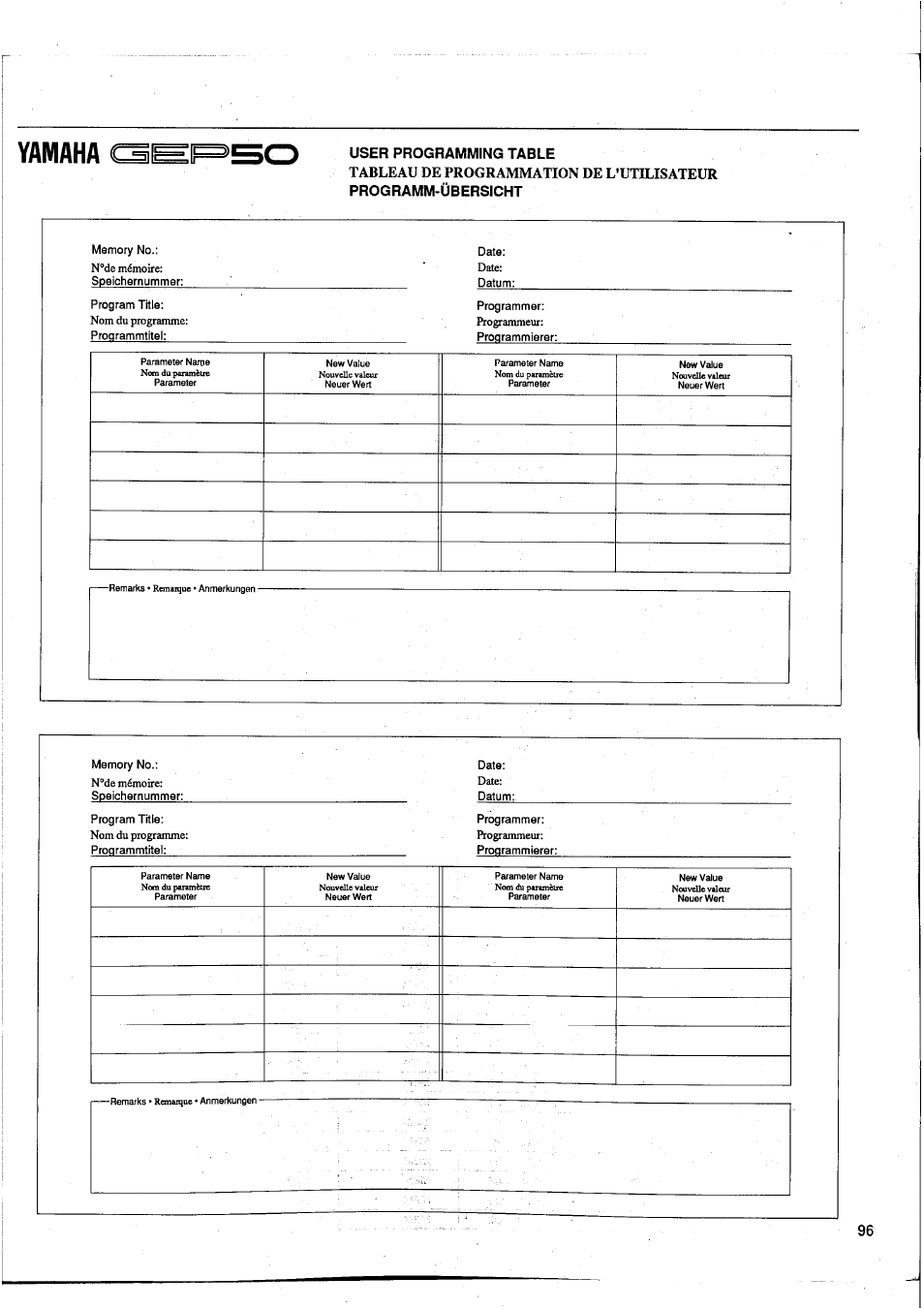 Yamaha g, User programming table, Programm-übersicht | Tableau de programmation de l'utilisateur | Yamaha GEP50 User Manual | Page 94 / 100