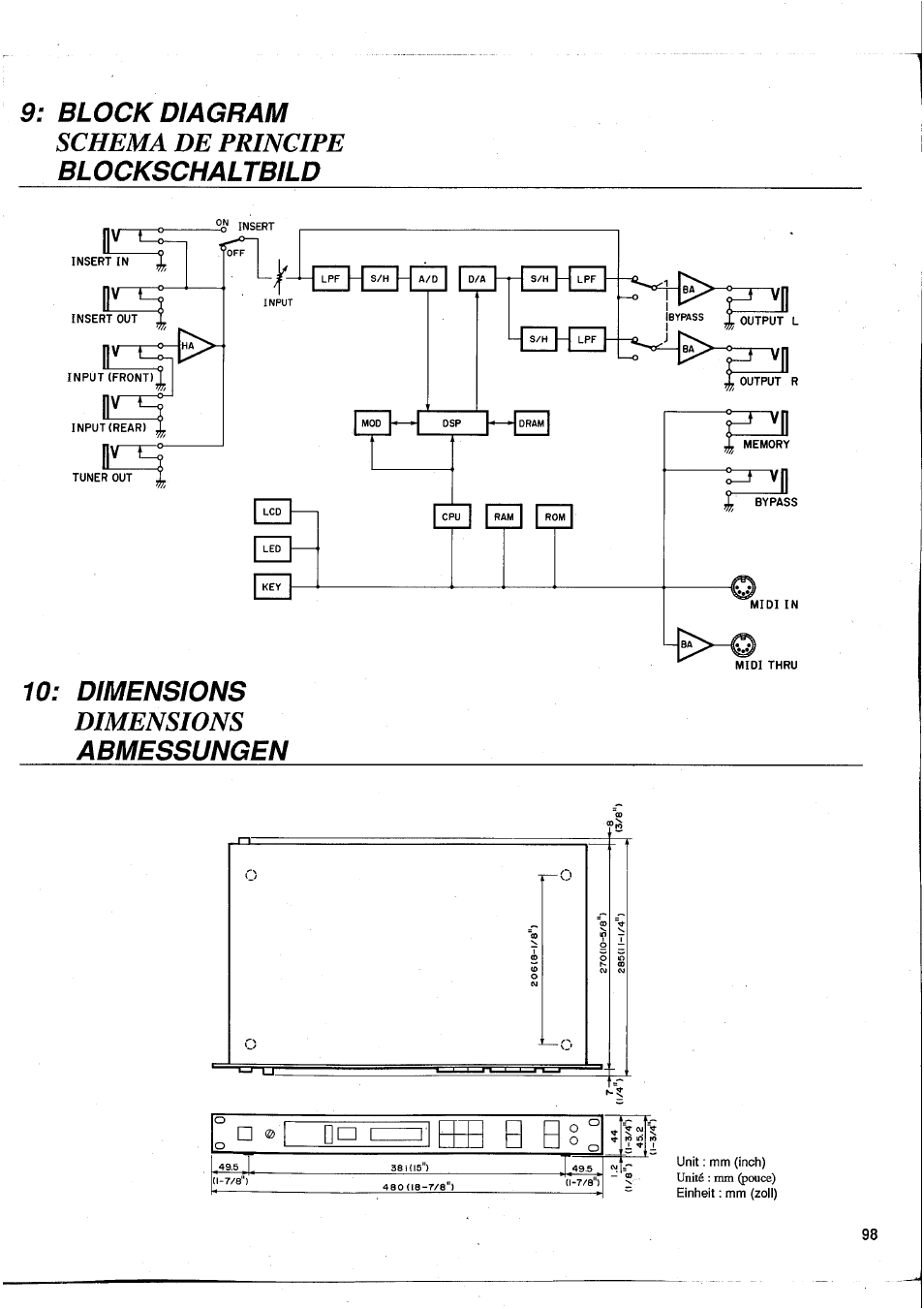 Block diagram schema de principe blockschaltbild, Dimensions dimensions abmessungen | Yamaha GEP50 User Manual | Page 96 / 100