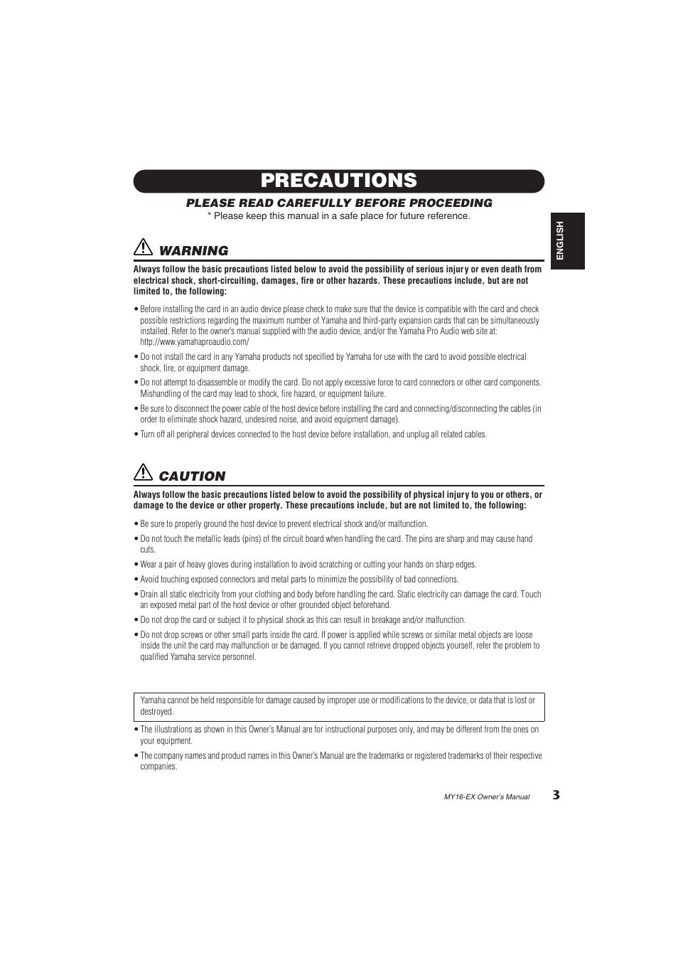 Precautions, Warning, Caution | Yamaha MY16-EX User Manual | Page 3 / 8