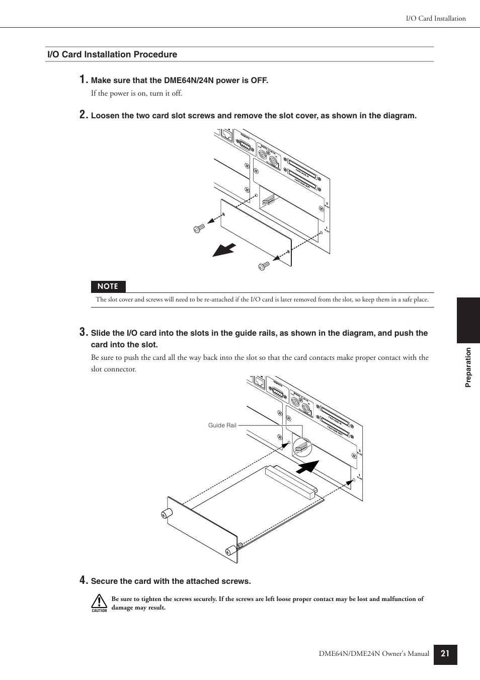 I/o card installation procedure | Yamaha DME64N User Manual | Page 21 / 80