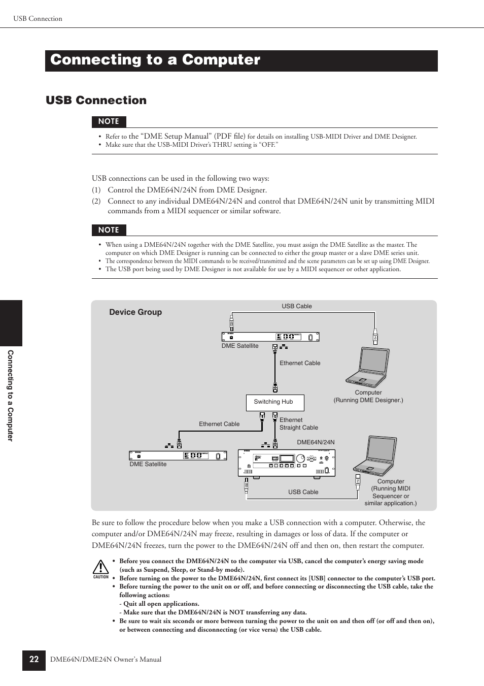 Connecting to a computer, Usb connection | Yamaha DME64N User Manual | Page 22 / 80