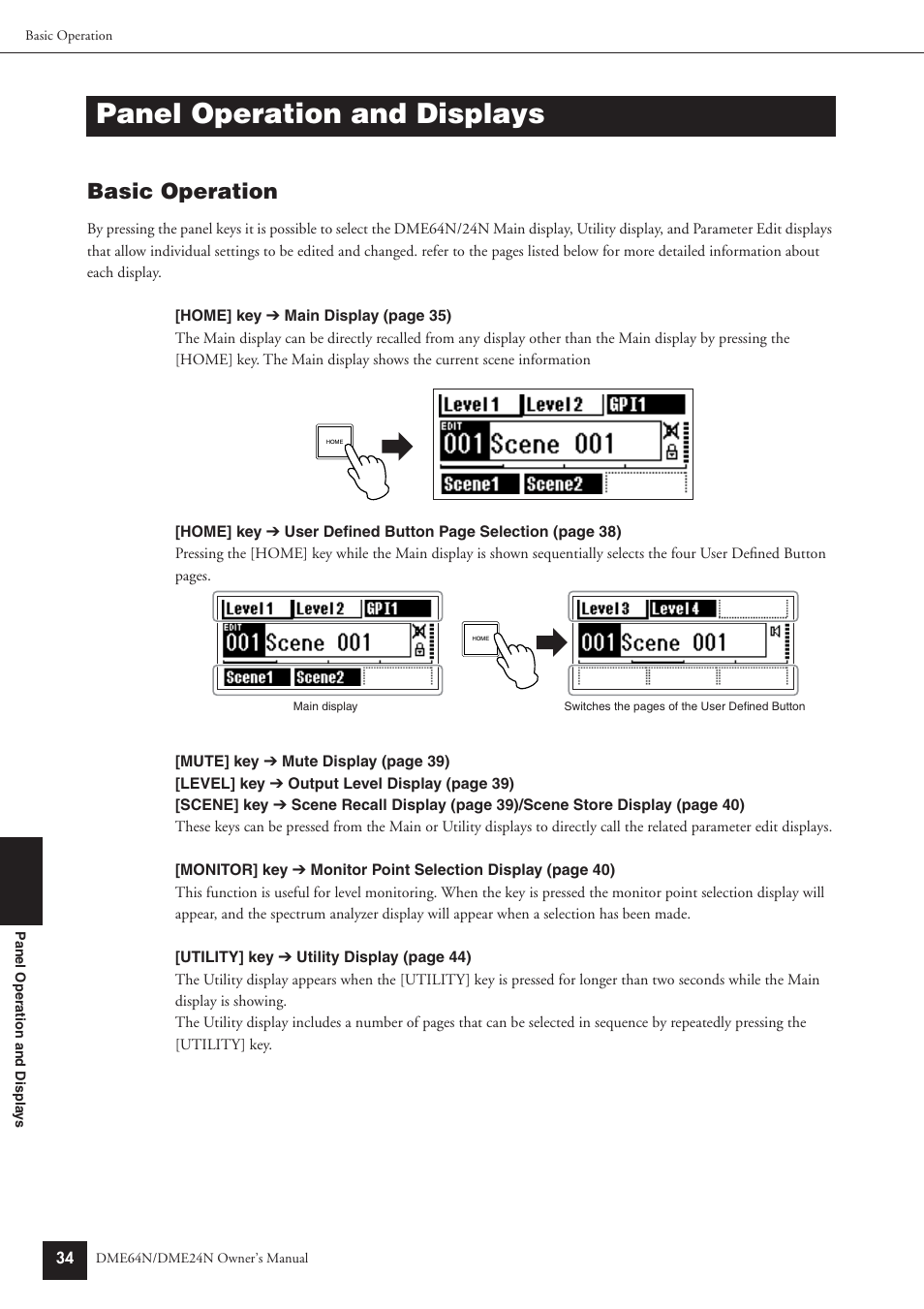 Panel operation and displays, Basic operation | Yamaha DME64N User Manual | Page 34 / 80