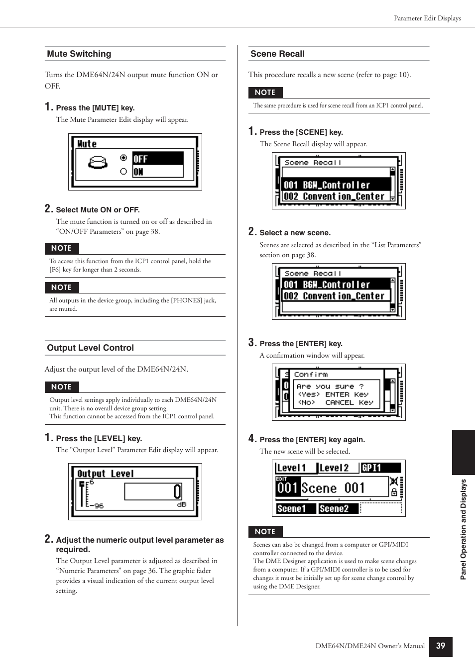 Mute switching, Output level control, Scene recall | Yamaha DME64N User Manual | Page 39 / 80