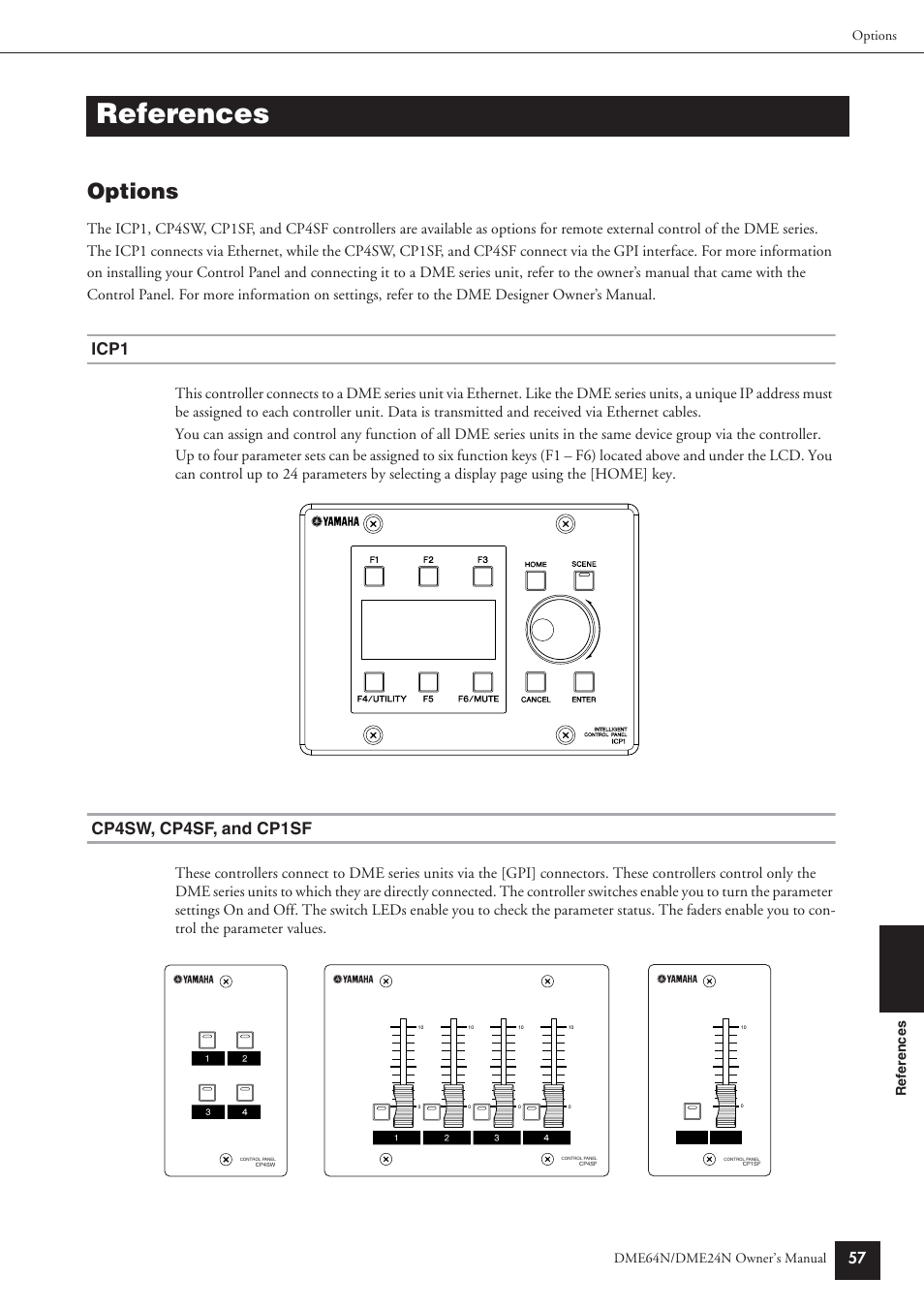 References, Options, Icp1 | Cp4sw, cp4sf, and cp1sf, Ref erences options dme64n/dme24n owner’s manual | Yamaha DME64N User Manual | Page 57 / 80