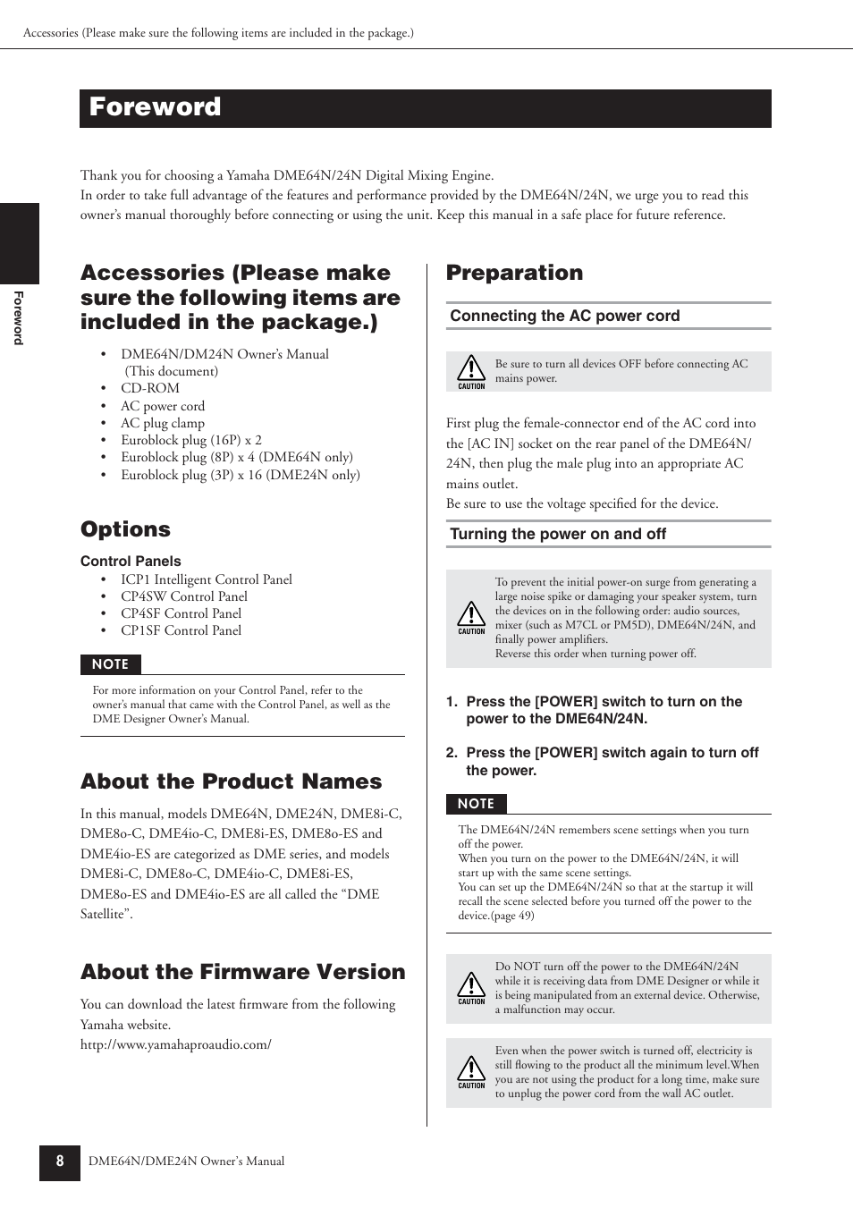 Foreword, Options, About the product names | About the firmware version, Preparation, Connecting the ac power cord, Turning the power on and off | Yamaha DME64N User Manual | Page 8 / 80