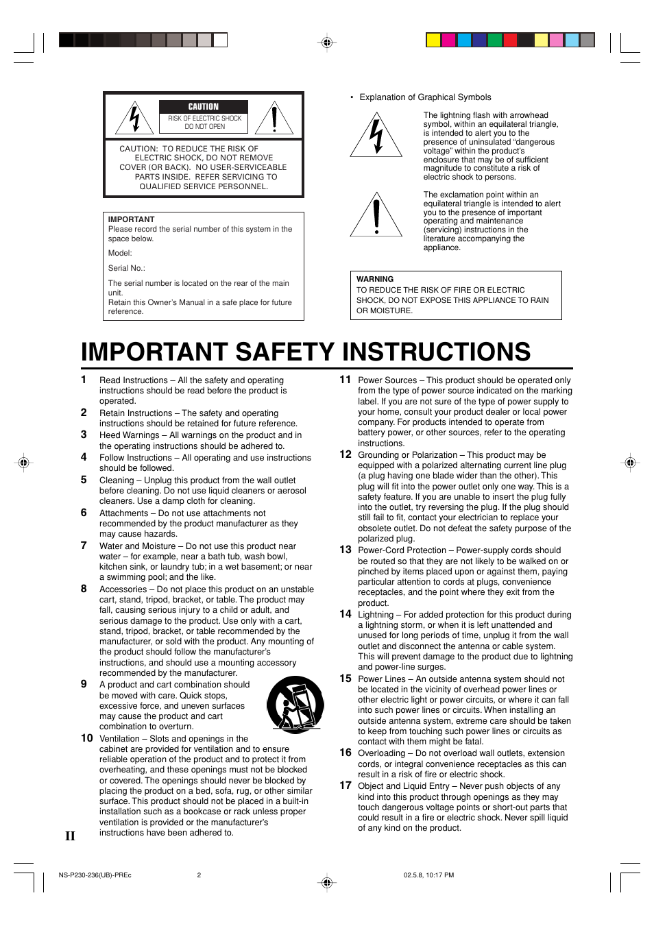 Important safety instructions | Yamaha NS-P236 User Manual | Page 2 / 20
