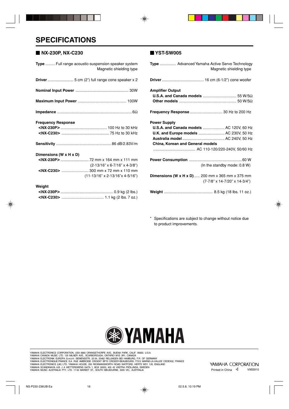 Specifications | Yamaha NS-P236 User Manual | Page 20 / 20
