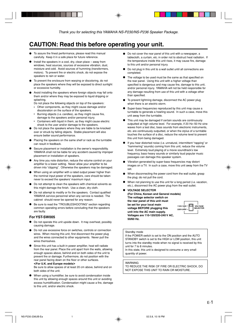 Caution, Caution: read this before operating your unit, English | Yamaha NS-P236 User Manual | Page 5 / 20