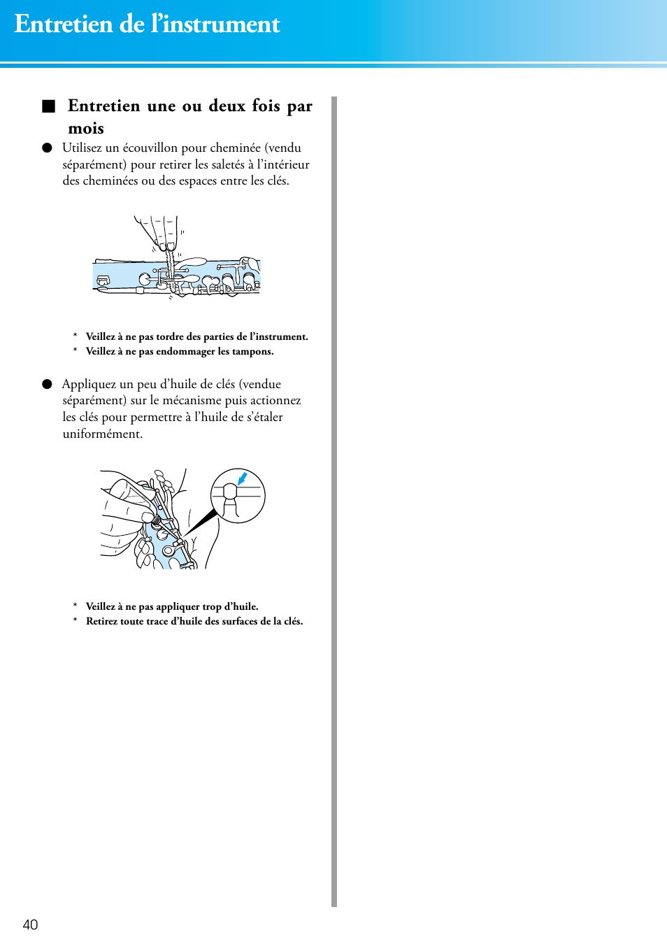 Entretien de l’instrument, Entretien une ou deux fois par mois | Yamaha Clarinet 2428440 User Manual | Page 10 / 14