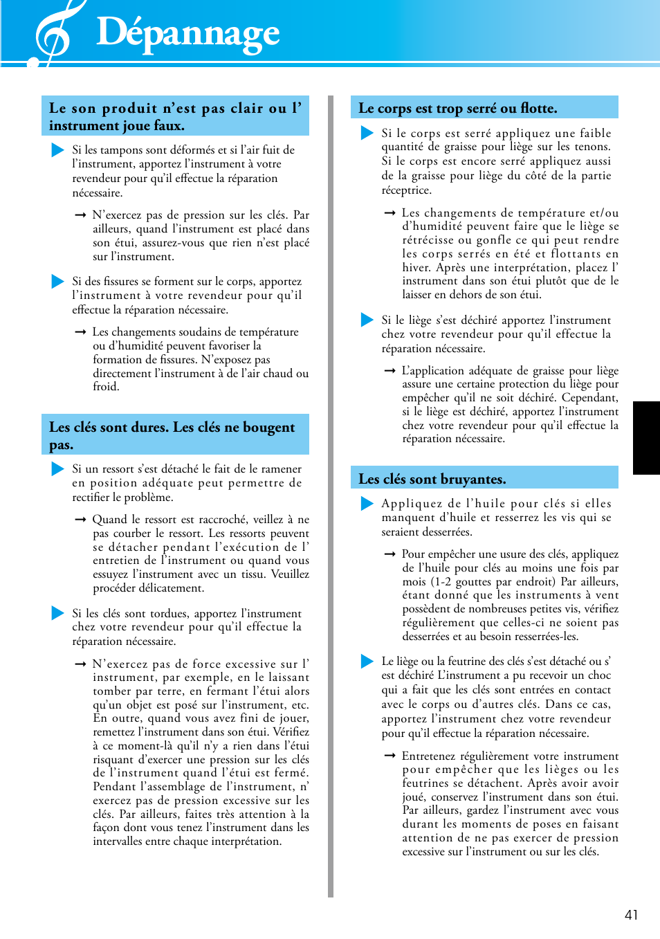 Dépannage | Yamaha Clarinet 2428440 User Manual | Page 11 / 14