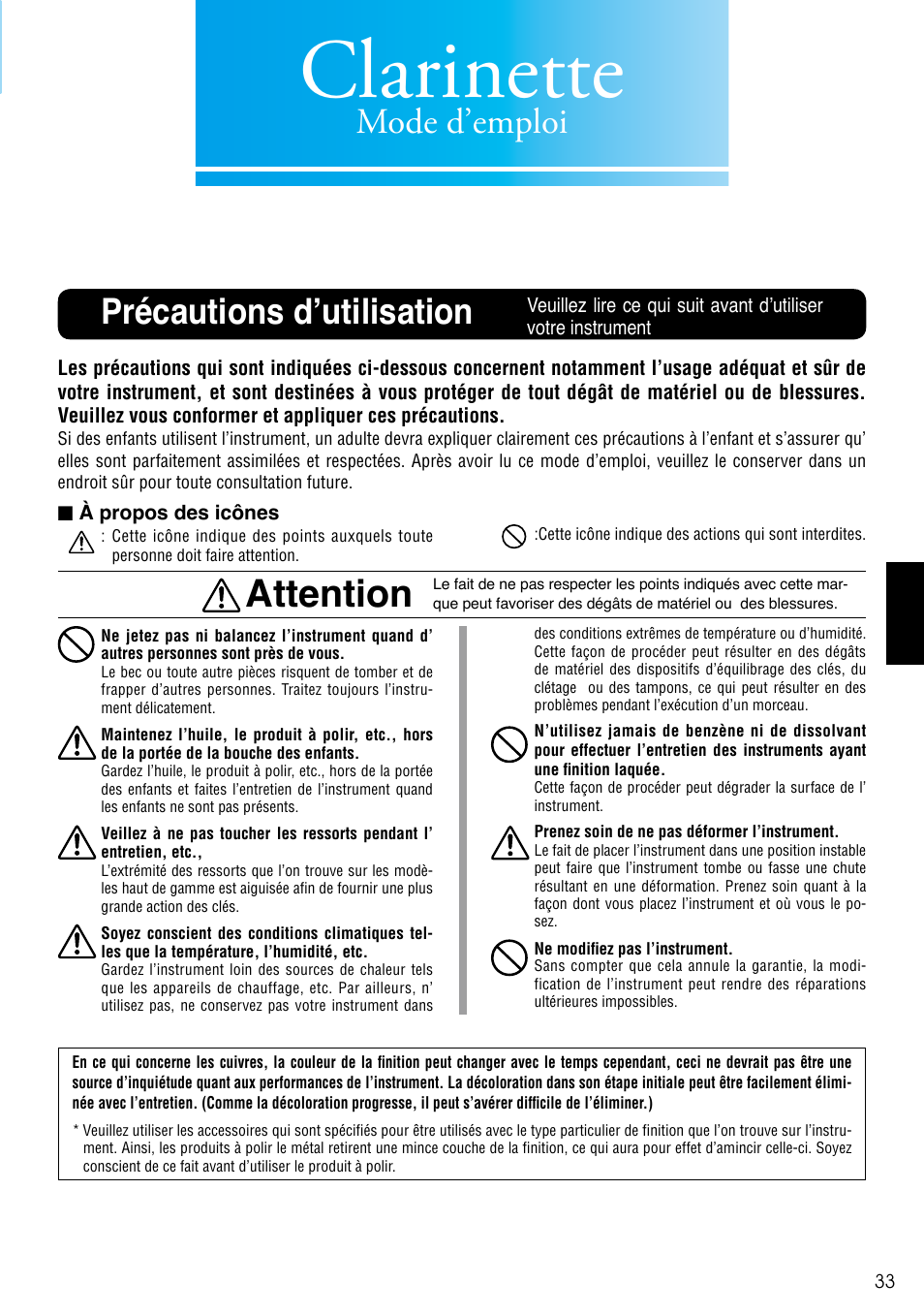 Clarinette, Attention, Mode d’emploi | Précautions d’utilisation | Yamaha Clarinet 2428440 User Manual | Page 3 / 14