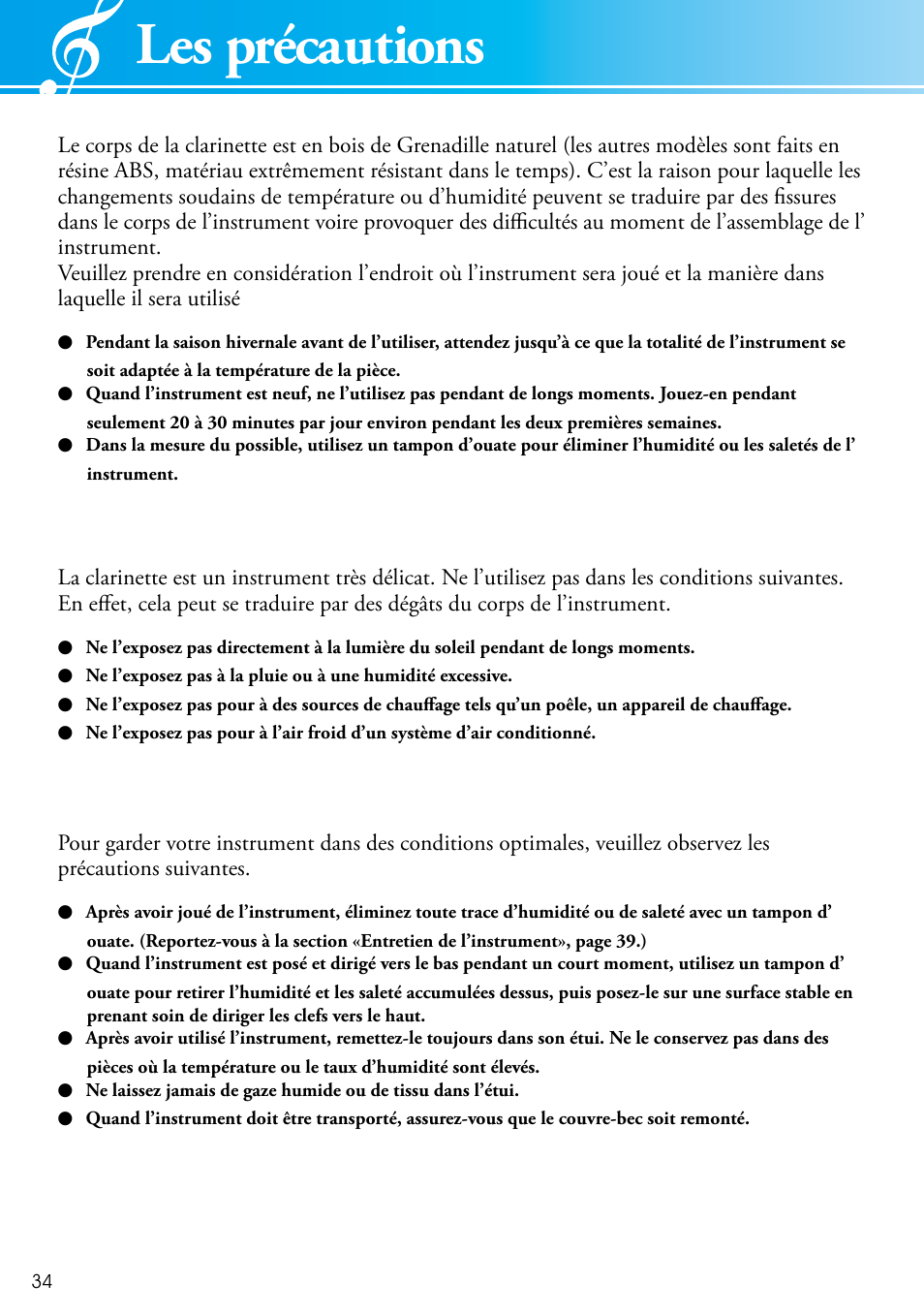 Les précautions | Yamaha Clarinet 2428440 User Manual | Page 4 / 14