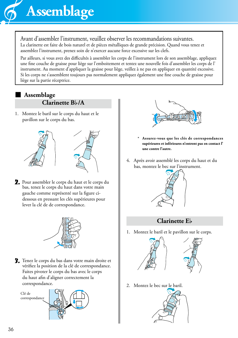 Assemblage, Assemblage clarinette b b /a, Clarinette e b | Yamaha Clarinet 2428440 User Manual | Page 6 / 14