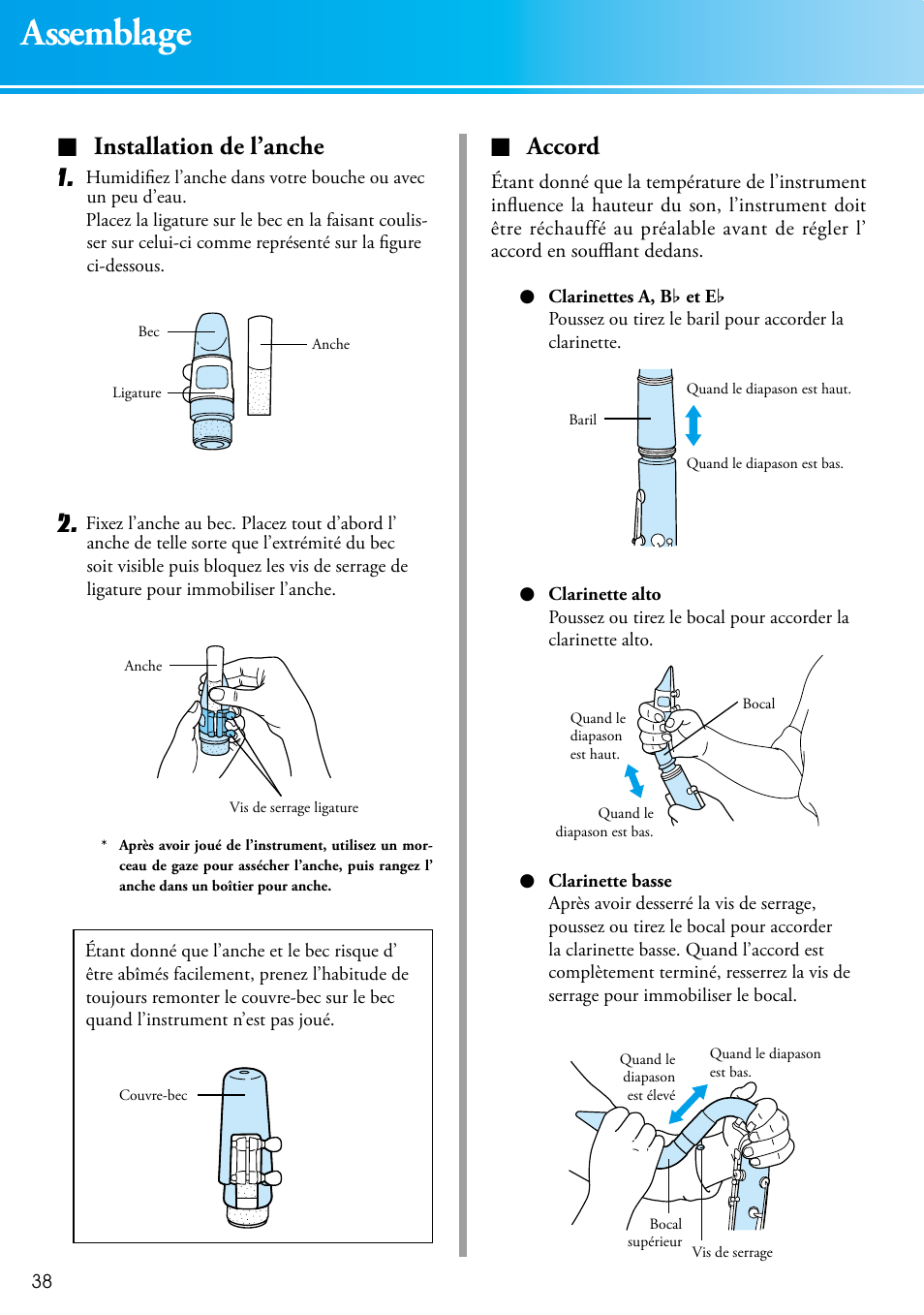 Assemblage, Installation de l’anche 1, Accord | Yamaha Clarinet 2428440 User Manual | Page 8 / 14