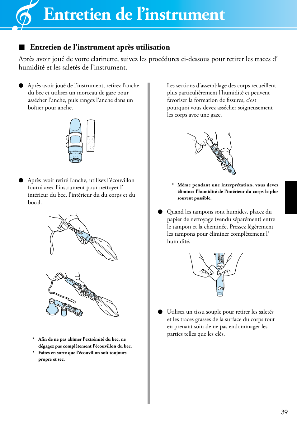 Entretien de l’instrument, Entretien de l’instrument après utilisation | Yamaha Clarinet 2428440 User Manual | Page 9 / 14