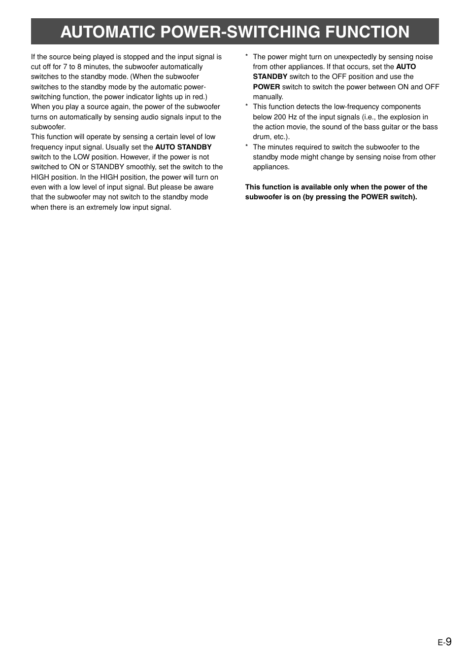 Automatic power-switching function | Yamaha YST-SW005 User Manual | Page 13 / 19