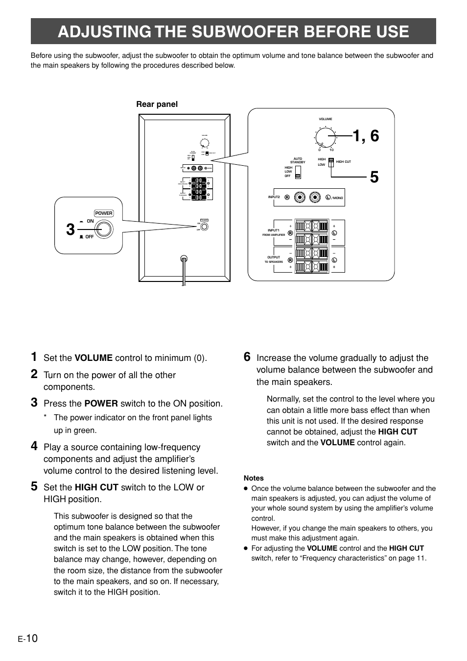 Adjusting the subwoofer before use, Set the volume control to minimum (0), Turn on the power of all the other components | Press the power switch to the on position, Rear panel | Yamaha YST-SW005 User Manual | Page 14 / 19