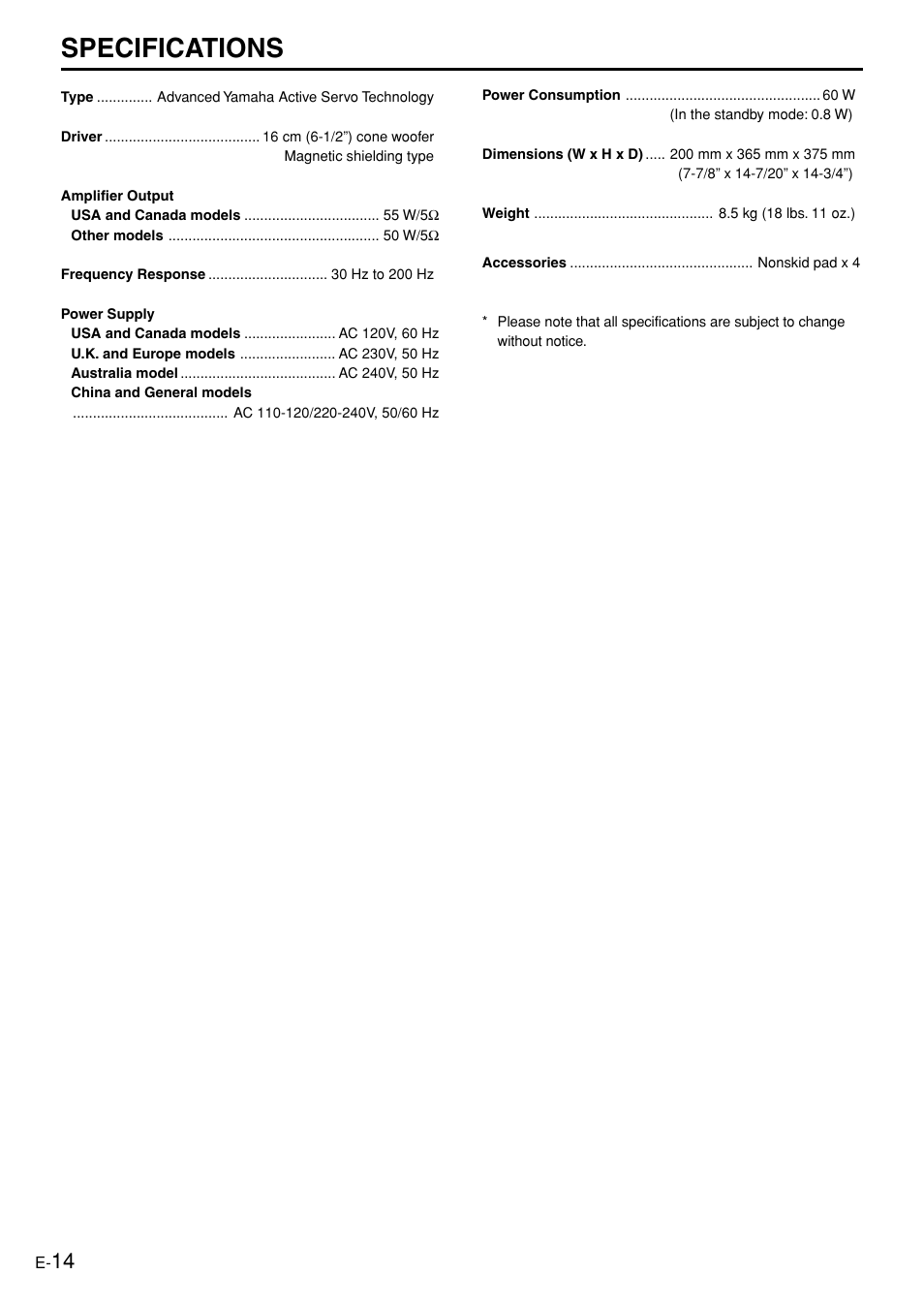 Specifications | Yamaha YST-SW005 User Manual | Page 18 / 19