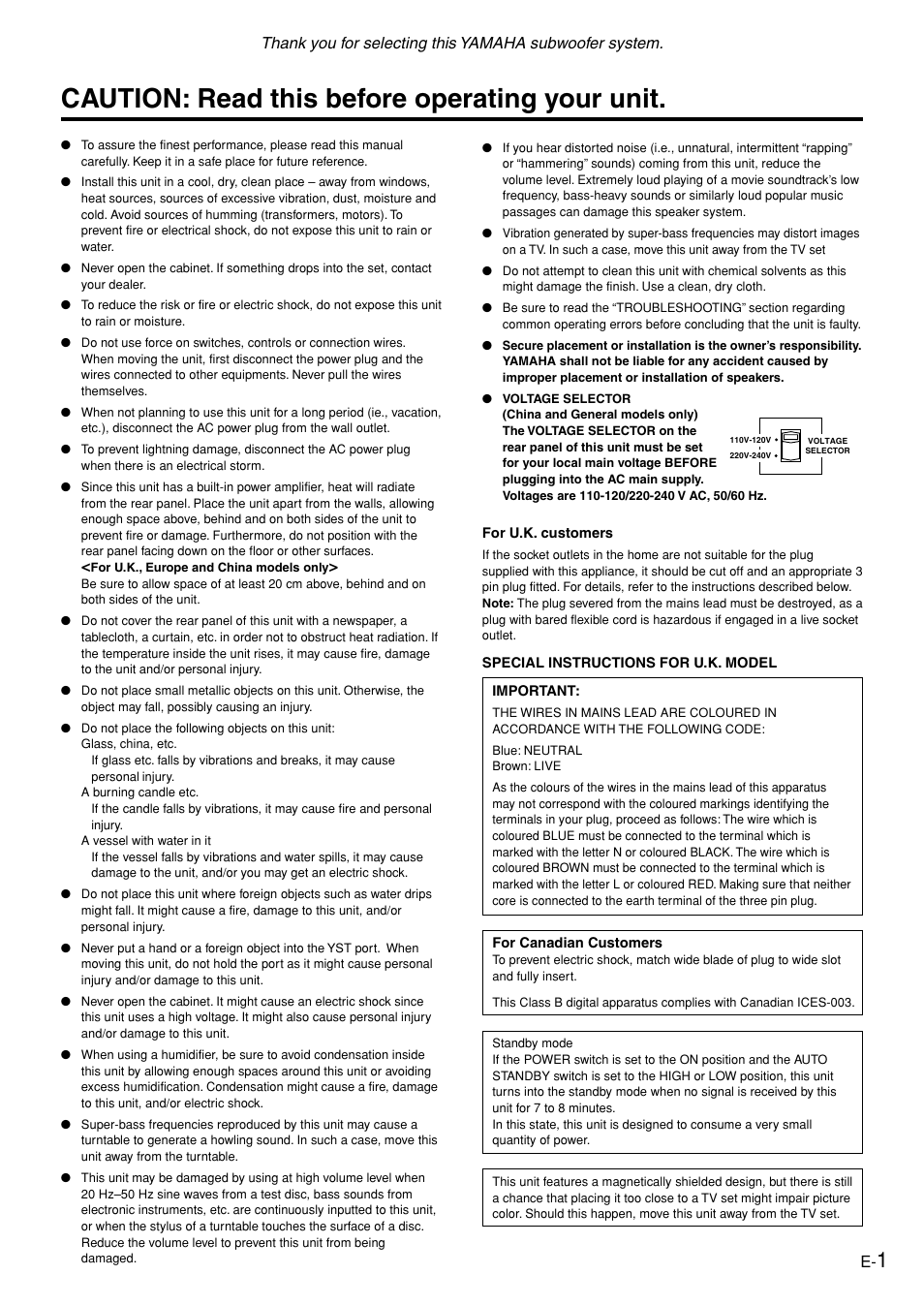 Caution, Caution: read this before operating your unit, English | Yamaha YST-SW005 User Manual | Page 5 / 19