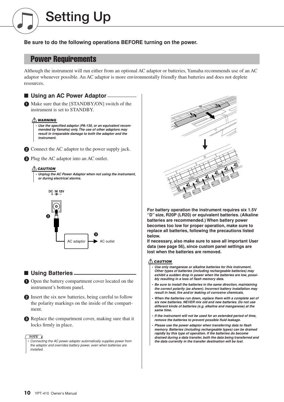 Setting up, Power requirements, Using an ac power adaptor | Using batteries | Yamaha YPT-410 User Manual | Page 10 / 127