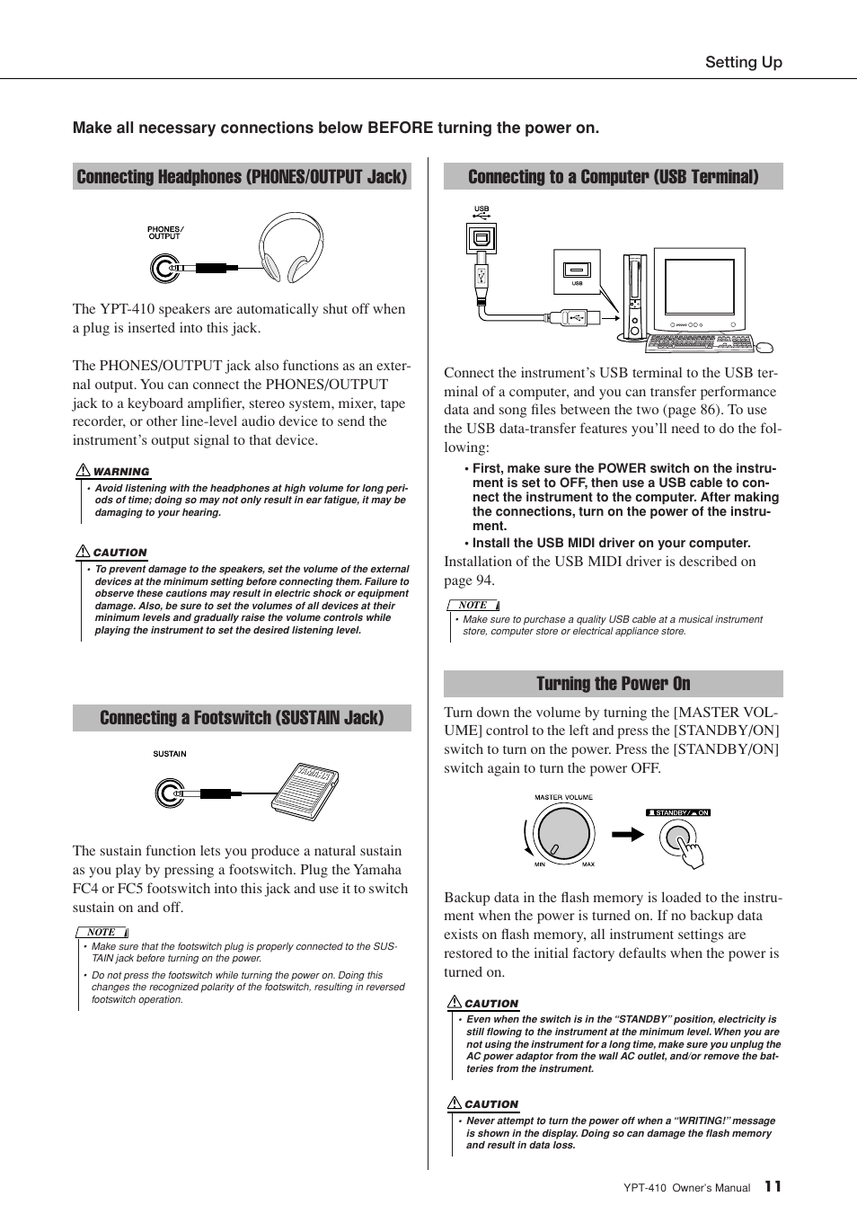 Connecting headphones (phones/output jack), Connecting a footswitch (sustain jack), Connecting to a computer (usb terminal) | Turning the power on | Yamaha YPT-410 User Manual | Page 11 / 127