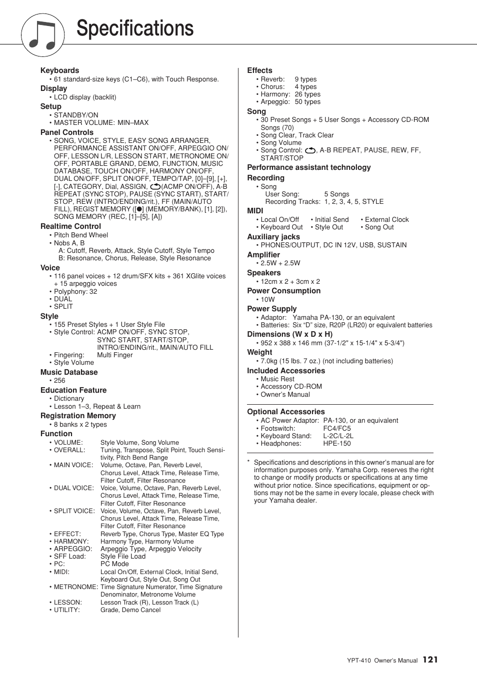 Specifications | Yamaha YPT-410 User Manual | Page 121 / 127