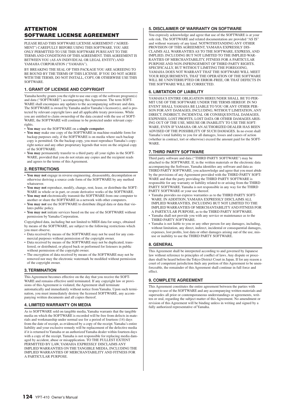 Software licensing agreement, Attention software license agreement | Yamaha YPT-410 User Manual | Page 124 / 127