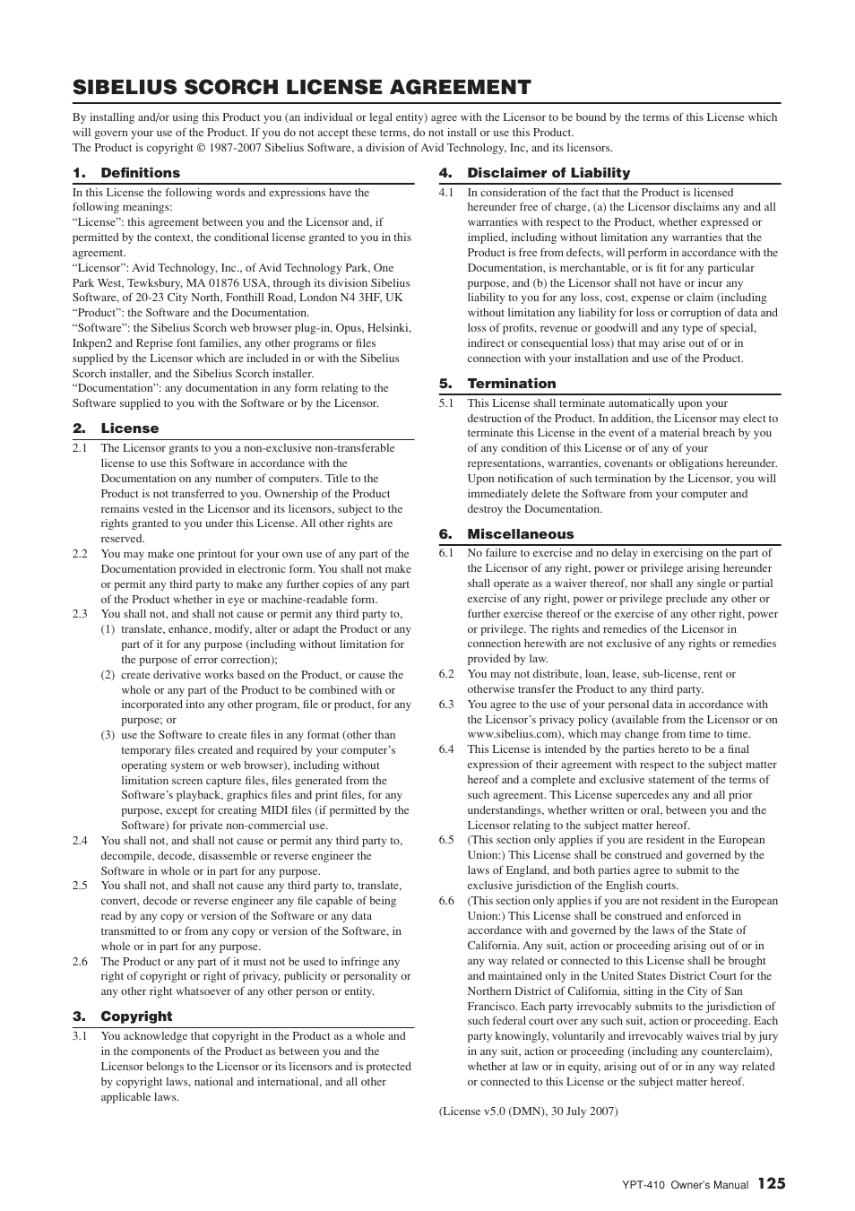 Sibelius scorch license agreement | Yamaha YPT-410 User Manual | Page 125 / 127