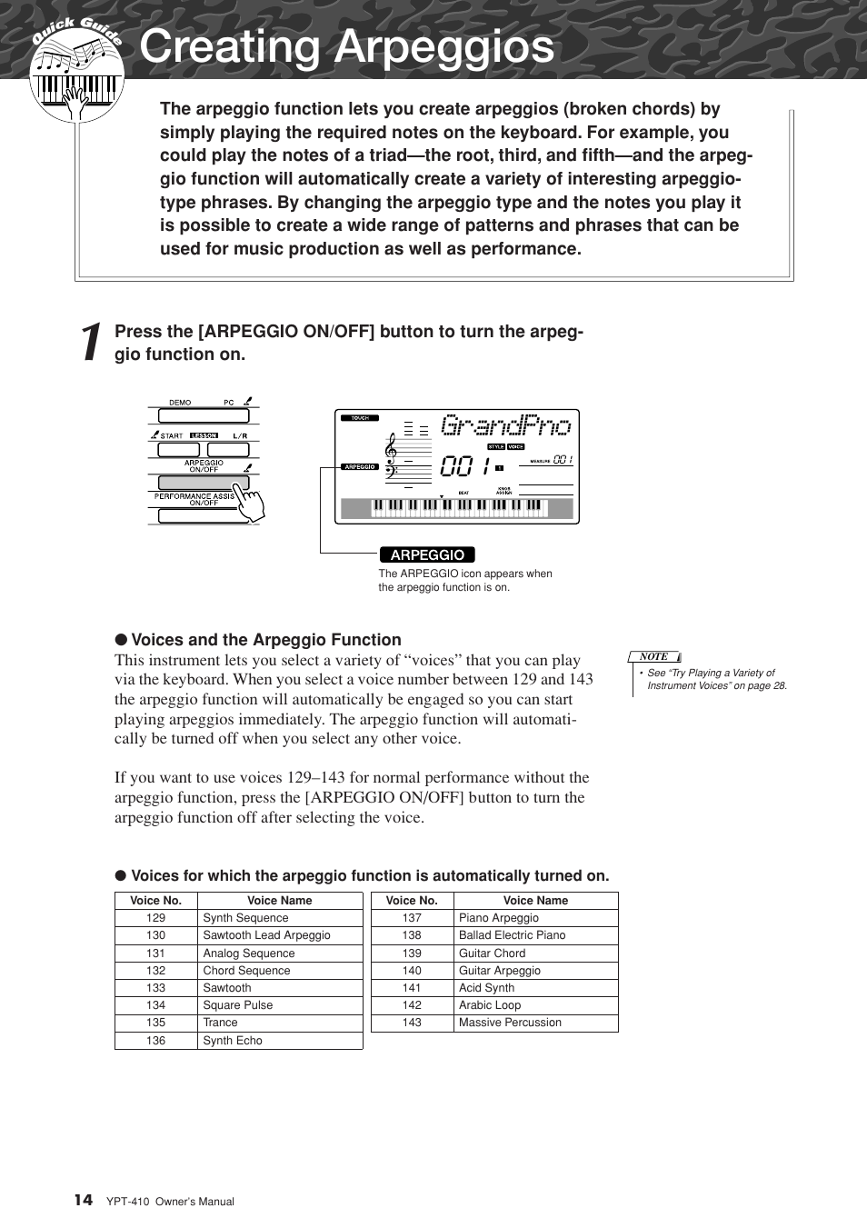 Quick guide, Creating arpeggios, Grandpno | Yamaha YPT-410 User Manual | Page 14 / 127