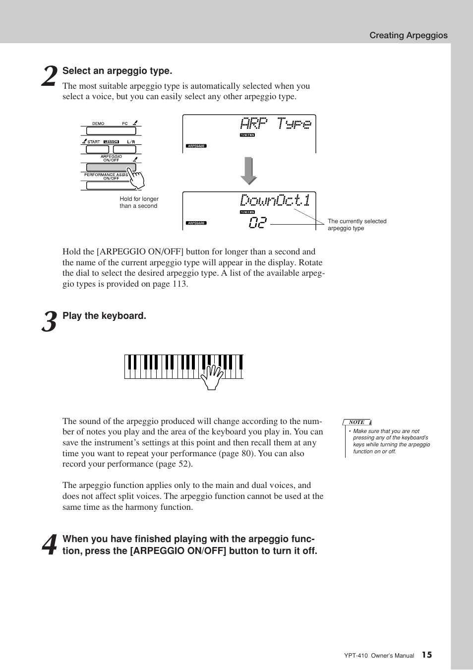 Downoct1 arp type | Yamaha YPT-410 User Manual | Page 15 / 127