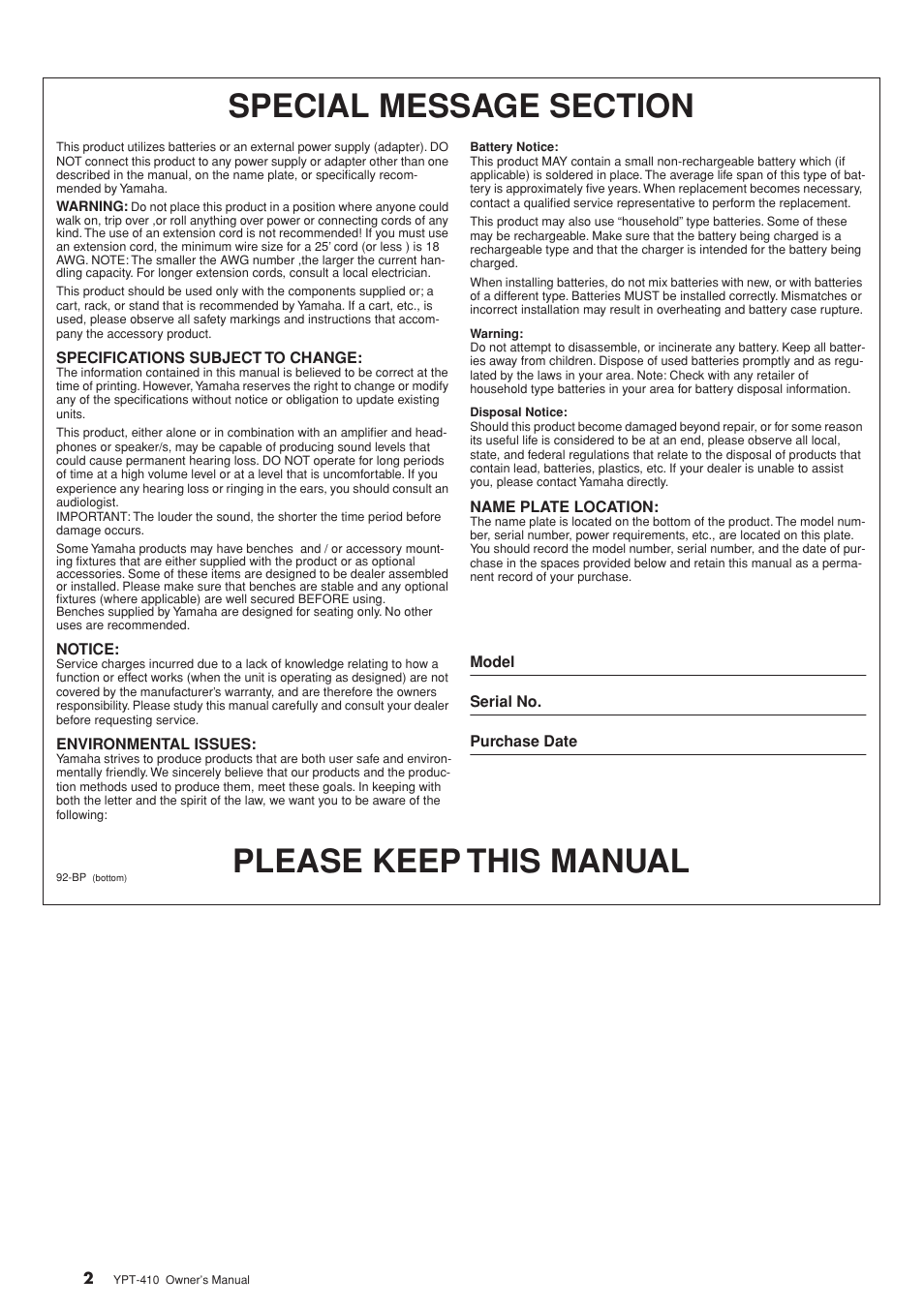 Please keep this manual | Yamaha YPT-410 User Manual | Page 2 / 127