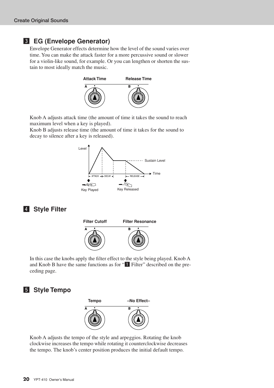 C eg (envelope generator), V style filter, B style tempo | Yamaha YPT-410 User Manual | Page 20 / 127