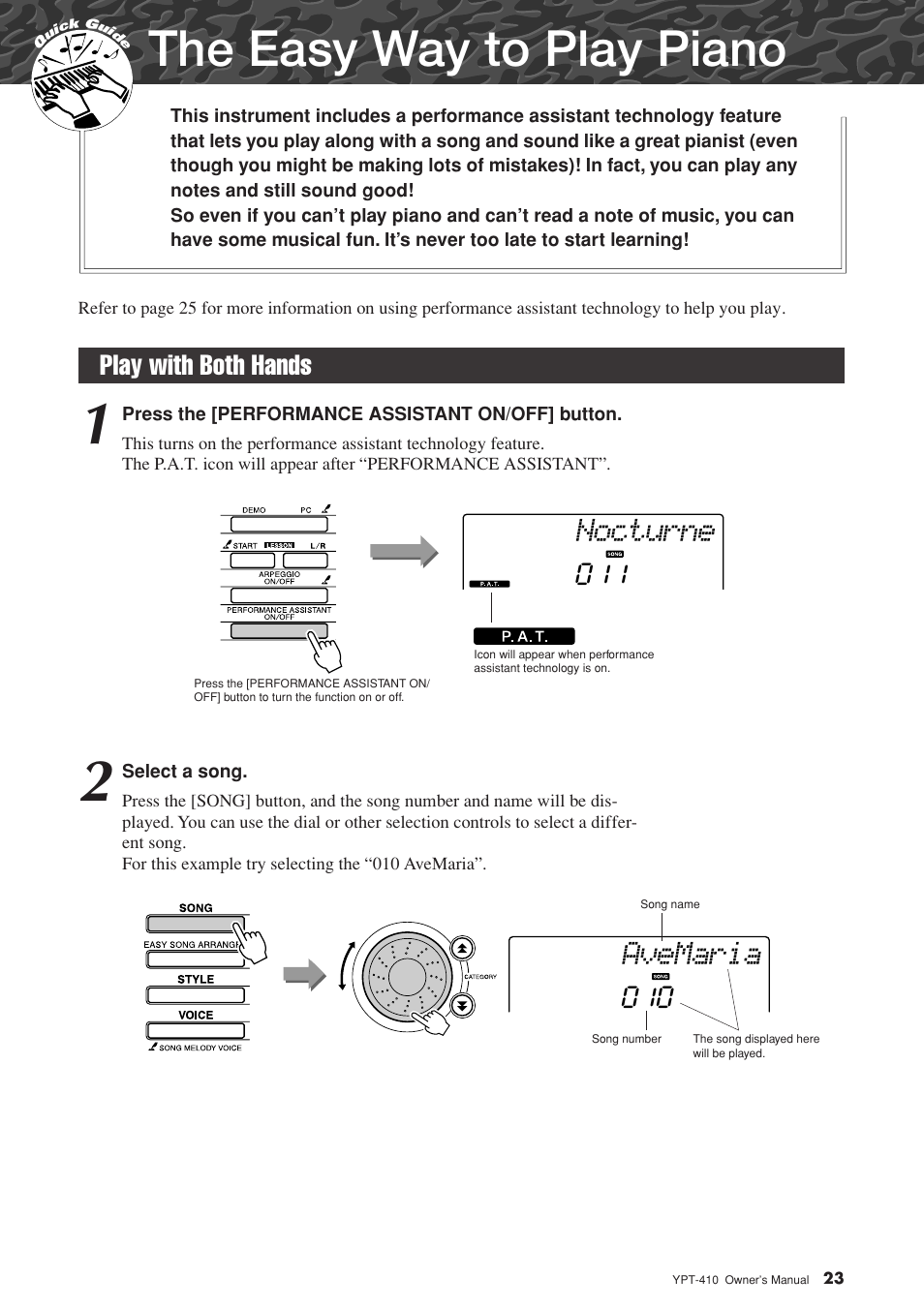 The easy way to play piano, Play with both hands, Nocturne | Avemaria | Yamaha YPT-410 User Manual | Page 23 / 127