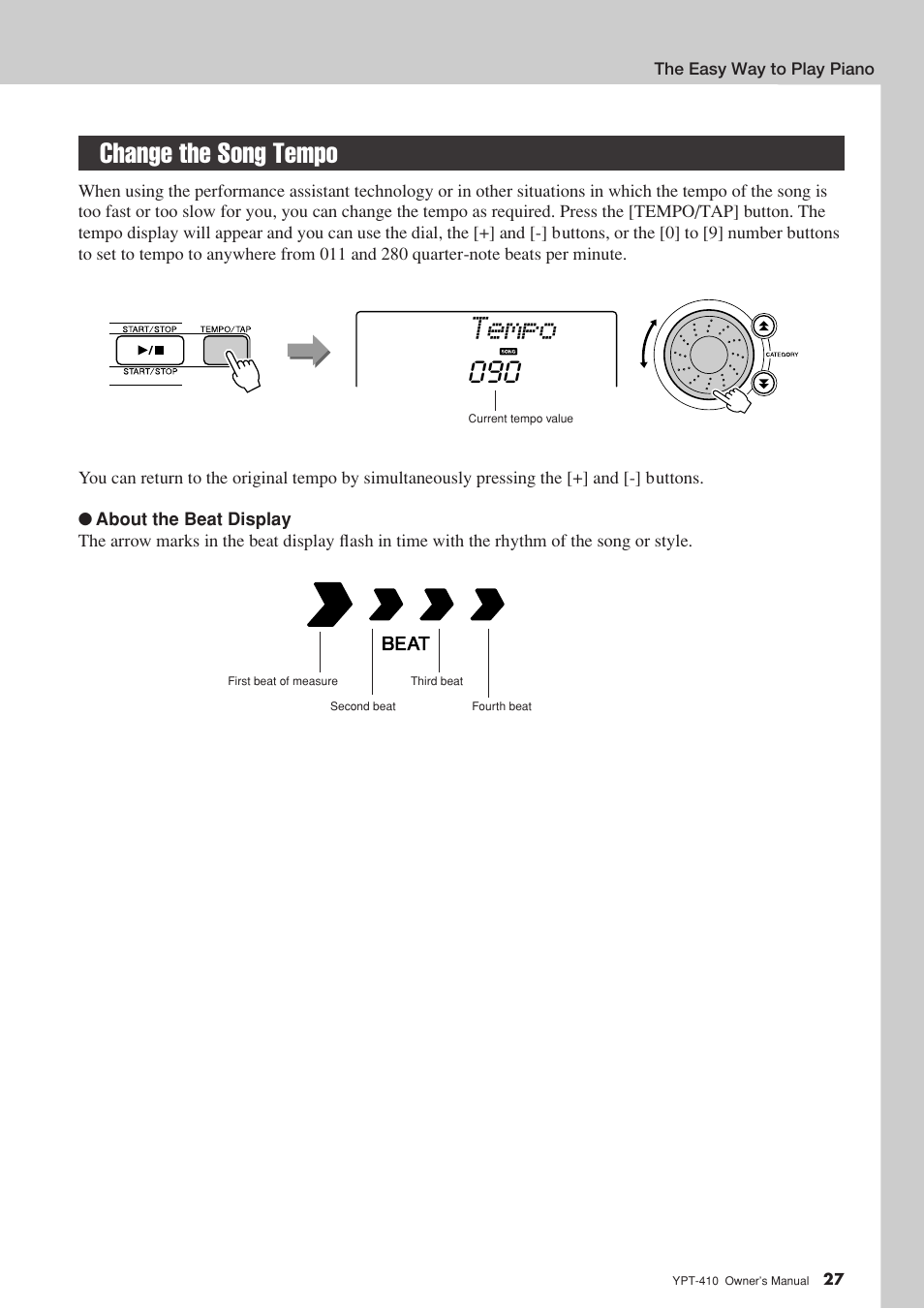 Change the song tempo, Tempo | Yamaha YPT-410 User Manual | Page 27 / 127