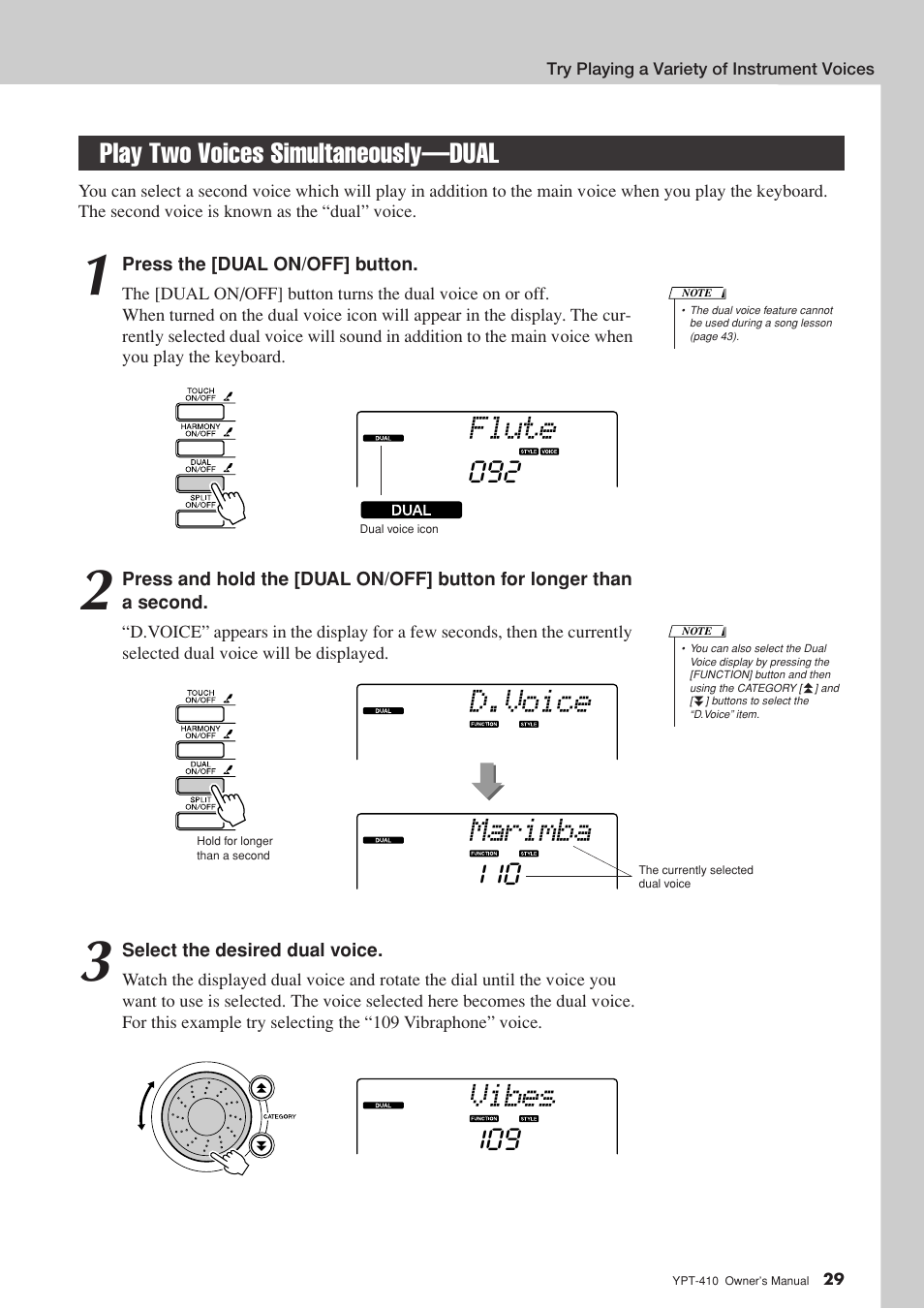 Play two voices simultaneously-dual, Play two voices simultaneously—dual, Flute | D.voice, Marimba, Vibes | Yamaha YPT-410 User Manual | Page 29 / 127
