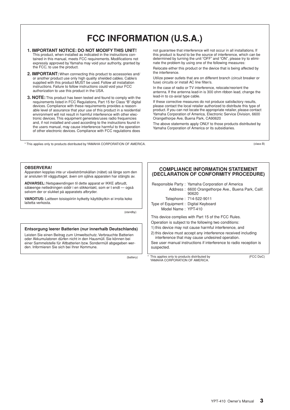 Fcc information (u.s.a.) | Yamaha YPT-410 User Manual | Page 3 / 127