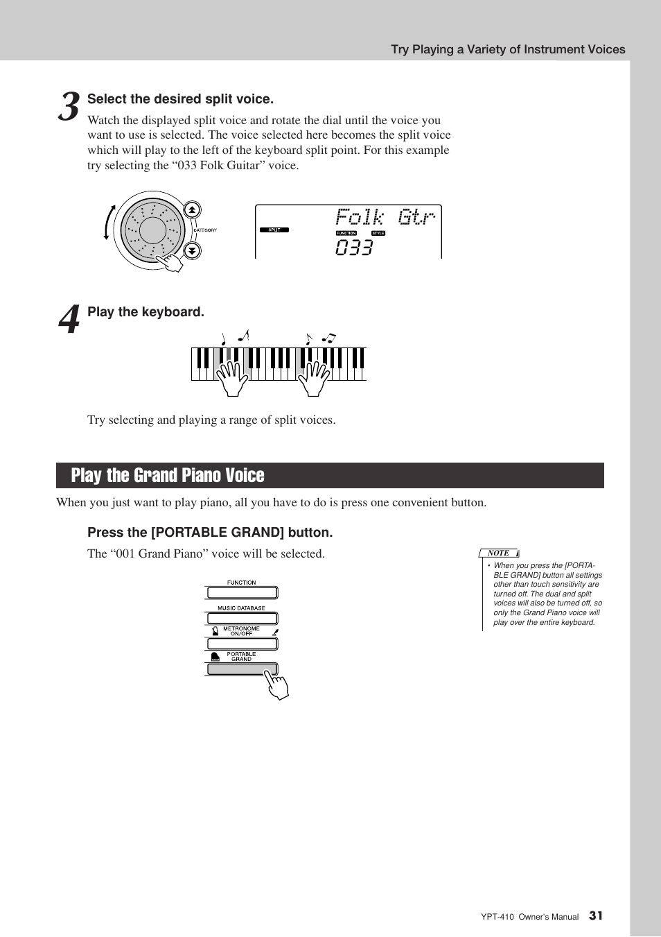 Play the grand piano voice, Folk gtr, Play the grand piano voice 033 | Yamaha YPT-410 User Manual | Page 31 / 127