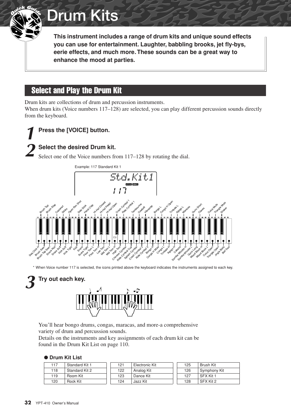 Drum kits, Select and play the drum kit, Std.kit1 | Press the [voice] button, Select the desired drum kit, Try out each key, Drum kit list | Yamaha YPT-410 User Manual | Page 32 / 127