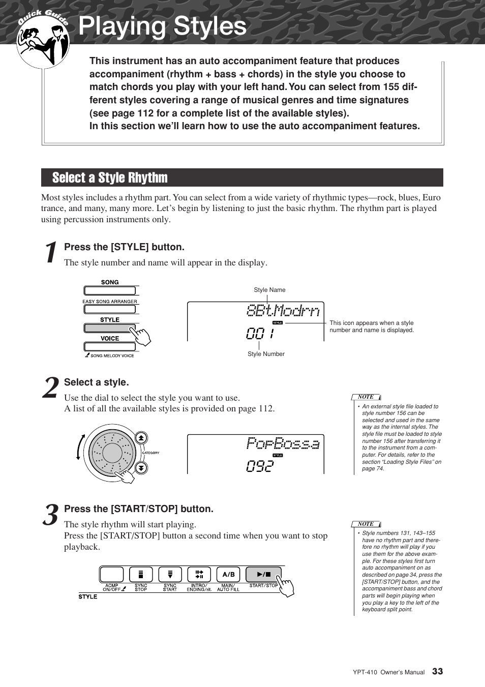 Playing styles, Select a style rhythm, 8btmodrn | Popbossa, Select a style rhythm 001 | Yamaha YPT-410 User Manual | Page 33 / 127