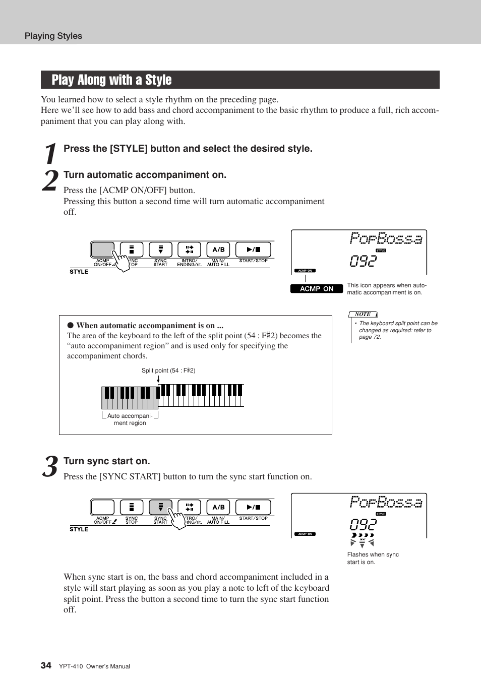 Play along with a style, Popbossa | Yamaha YPT-410 User Manual | Page 34 / 127